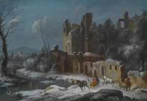 Eine Winterlandschaft mit Reisenden paikassa Pferdeschlitten vor Ruinen